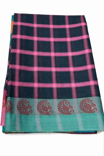 BLACK AND PINK CHECKED WITH RAMA GRREN HANDLOOM CHETTINADU COTTON SAREE
