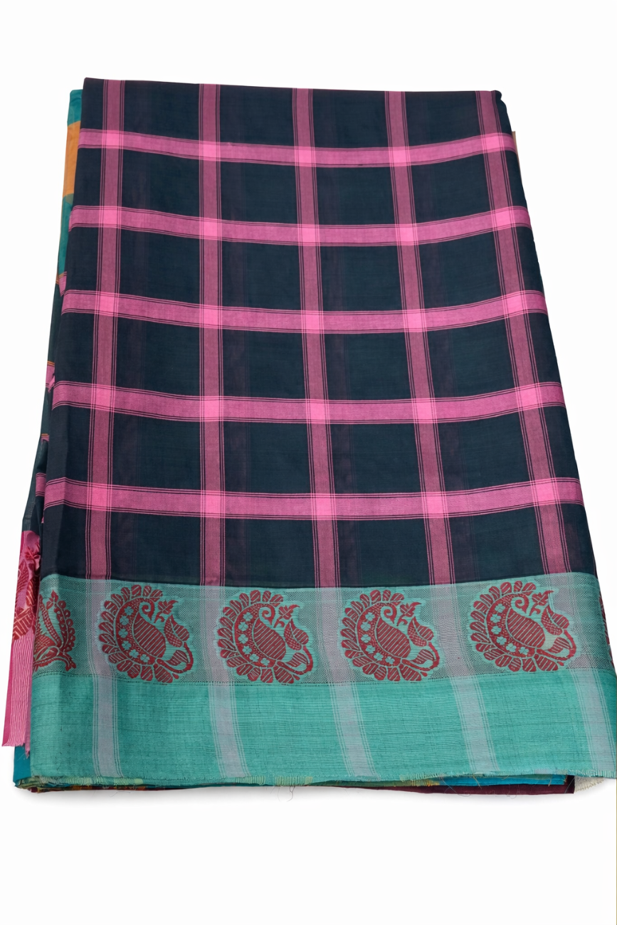 BLACK AND PINK CHECKED WITH RAMA GRREN HANDLOOM CHETTINADU COTTON SAREE