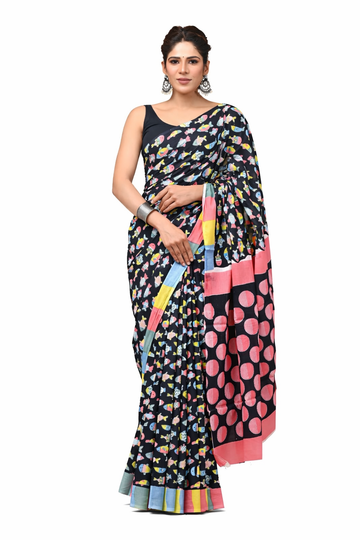 BLACK AND WHITE COLOR MULMUL COTTON SAREE