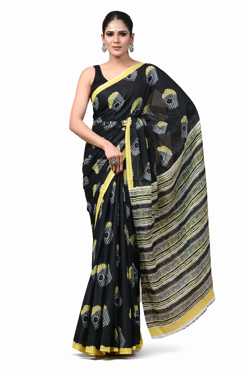 BLACK WITH YELLOW MULMUL COTTON SAREE