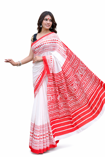 WHITE WITH RED MULMUL COTTON SAREE