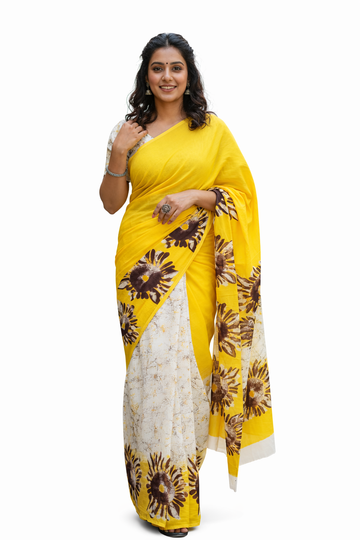 YELLOW WITH WHITE COLOR  MULMUL COTTON SAREE