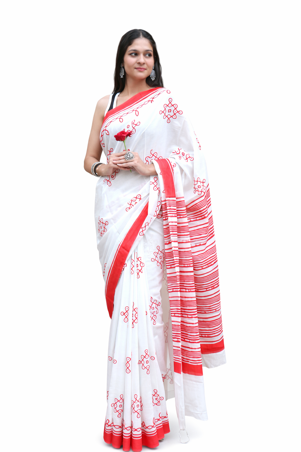 WHITE WITH RED COLOR MULMUL COTTON SAREE