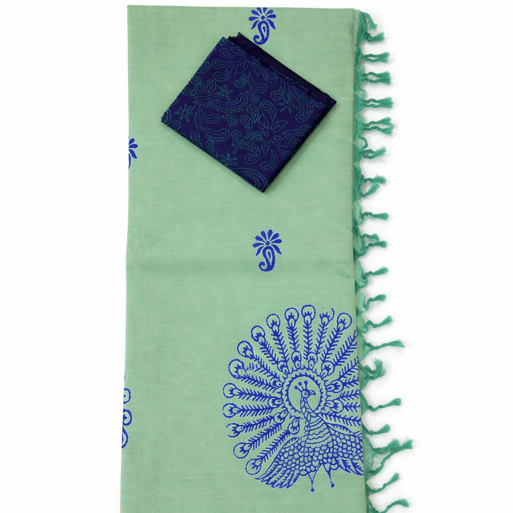 PISTA GREEN WITH BLUE COLOR SOUTH COTTON SAREE