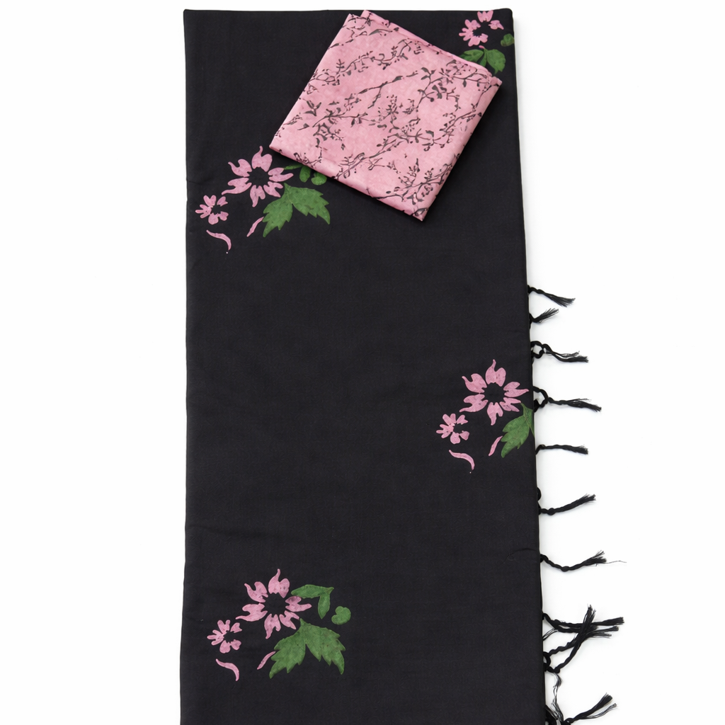 BLACK WITH BABY PINK SOUTH COTTON SAREE
