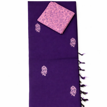 DARK VIOLET WITH PINK MOTIFS SOUTH COTTON SAREE