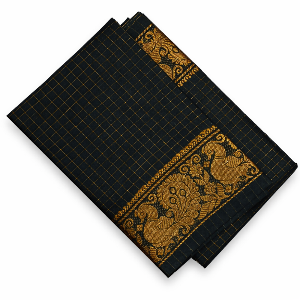 BLACK COLOR WITH GOLDEN ZARI BORDER CHECKED SUNGUDI COTTON SAREE