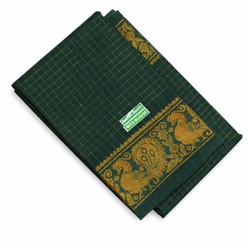 BOTTLE GREEN COLOR WITH RICH GOLDEN ZARI PEACOCK BORDER CHECKED SUNGUDI COTTON SAREE