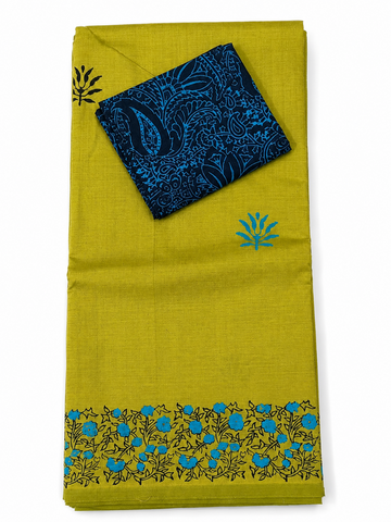 OLIVE GREEN AND BLUE COLOR FLORAL PRINT SOUTH COTTON SAREE