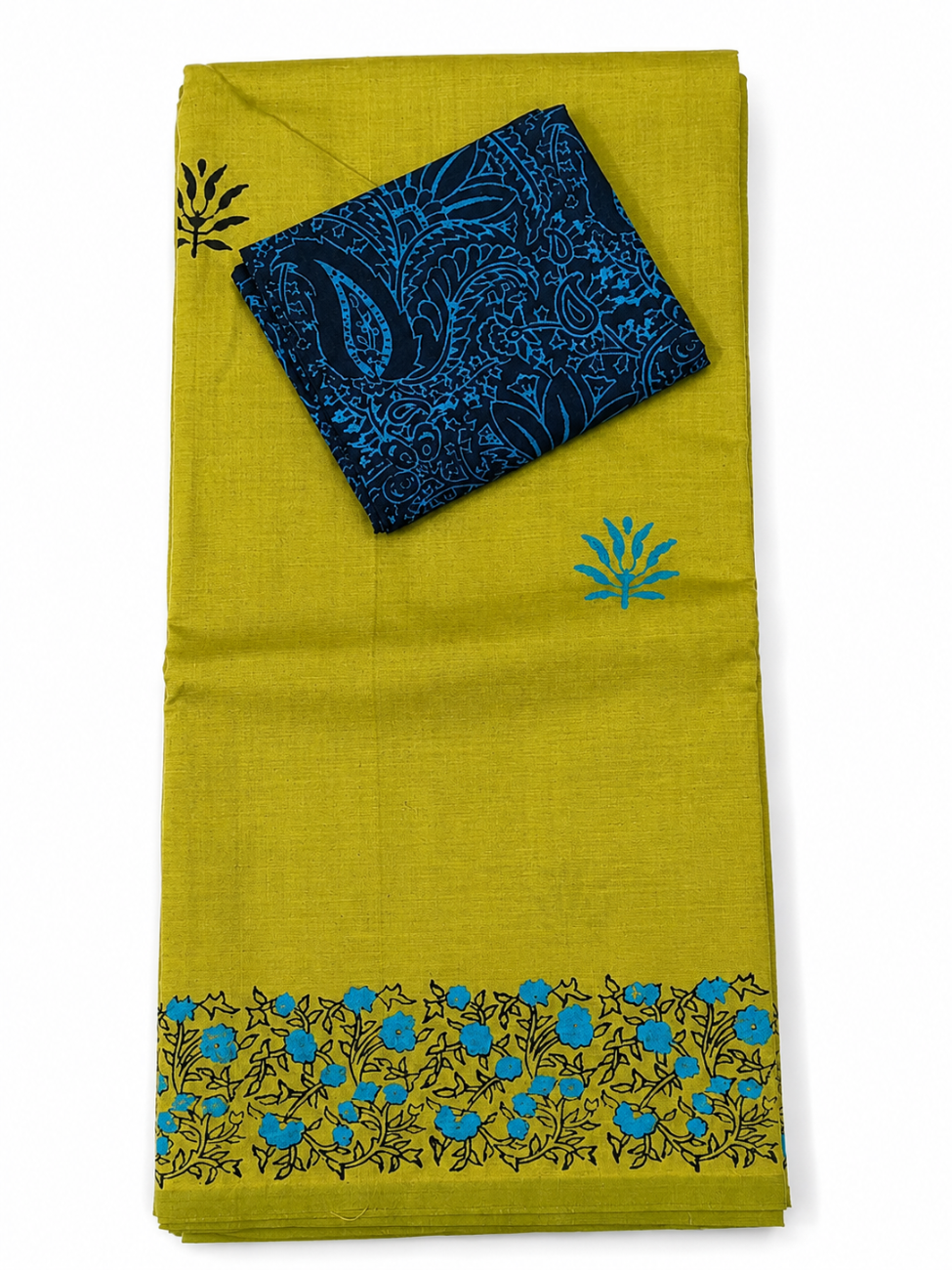 OLIVE GREEN AND BLUE COLOR FLORAL PRINT SOUTH COTTON SAREE