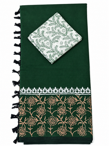 DARK GREEN WITH BEIGE COLOR FLORAL PRINT SOUTH COTTON SAREE