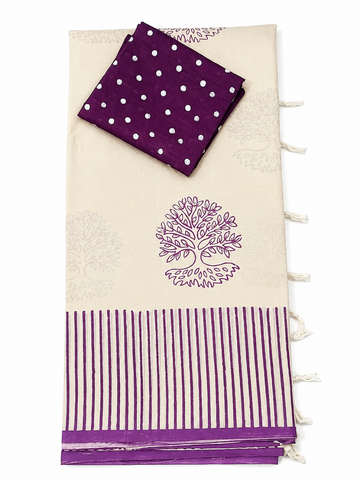 CREAM WITH PURPLE COLOR SOUTH MIXED COTTON SAREE