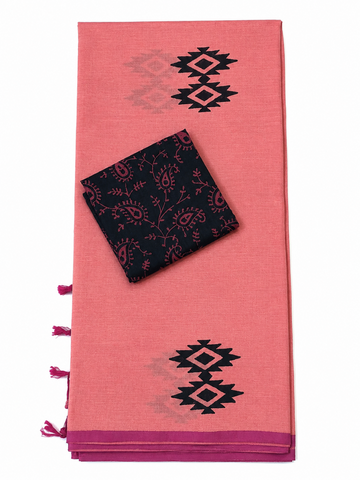 PEACH WITH BLACK COLOR SOUTH MIXED COTTON SAREE