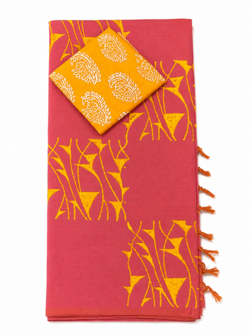 ROSE PINK WITH YELLOW COLOR SOUTH MIXED COTTON SAREE