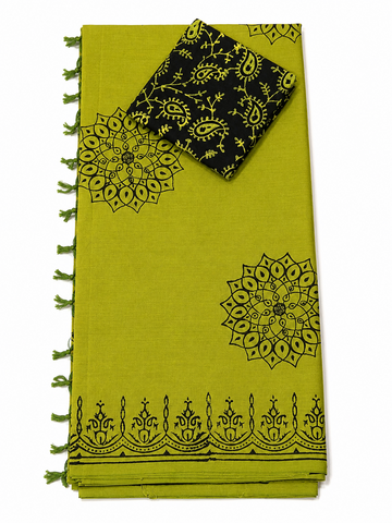OLIVE GREEN WITH BLACK FLORAL PRINT SOUTH COTTON SAREE
