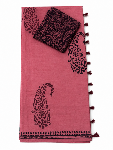 ROSE PINK WITH BLACK AND MAROON PRINTED SOUTH MIXED COTTON SAREE