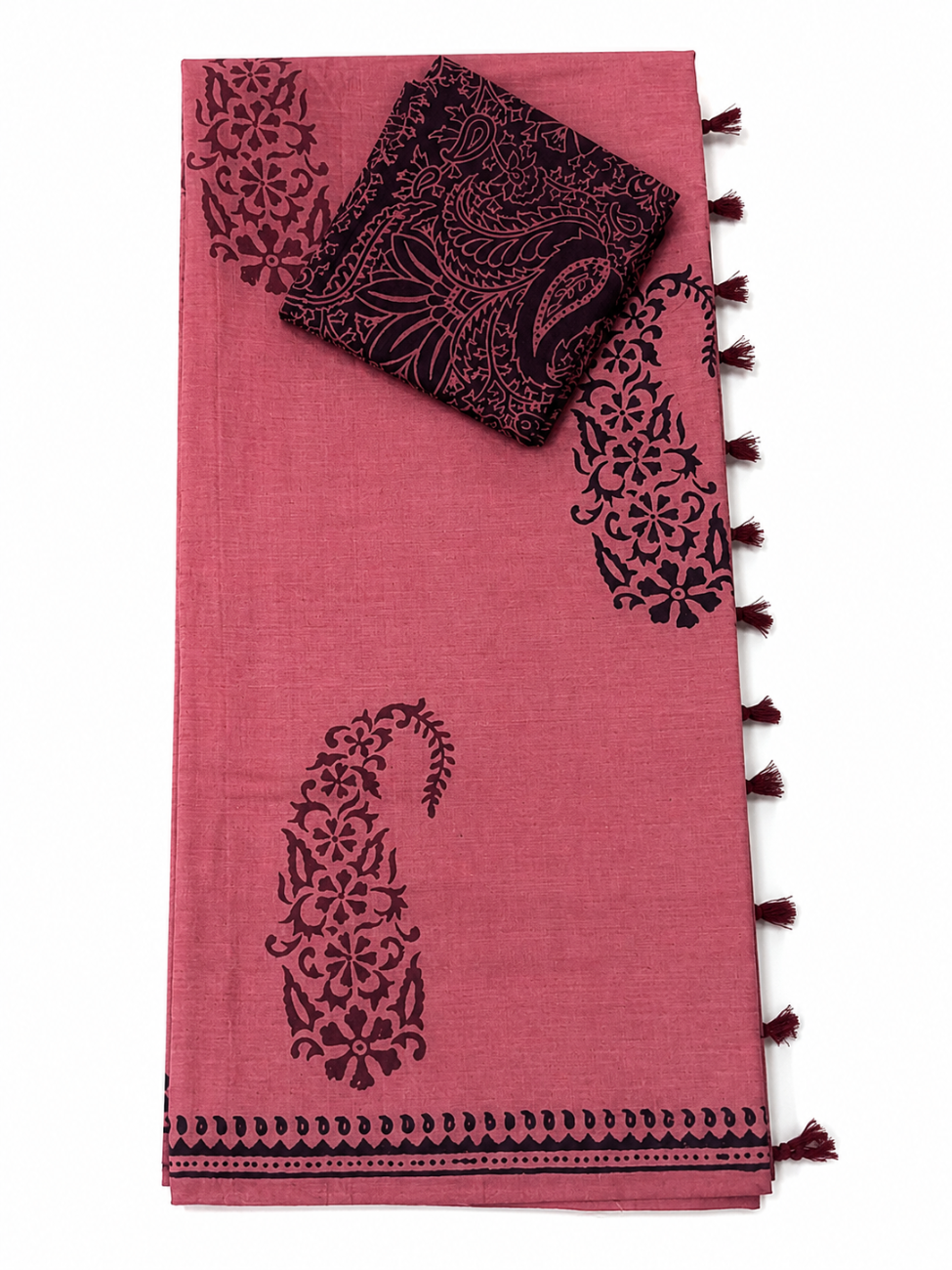 ROSE PINK WITH BLACK AND MAROON PRINTED SOUTH MIXED COTTON SAREE