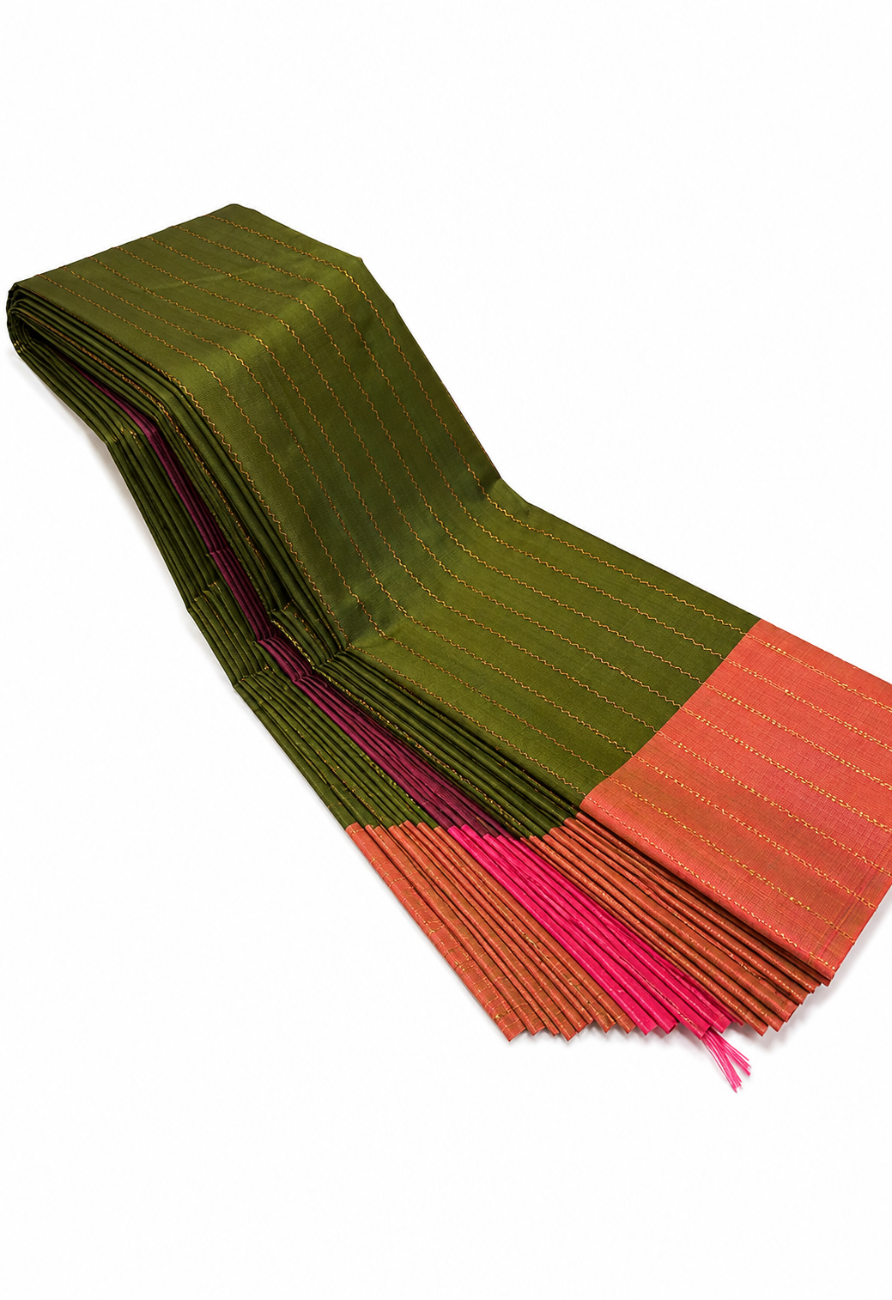 OLIVE GREEN WITH PEACH PINK AARANI DOUBLE COLOR SILK SAREE