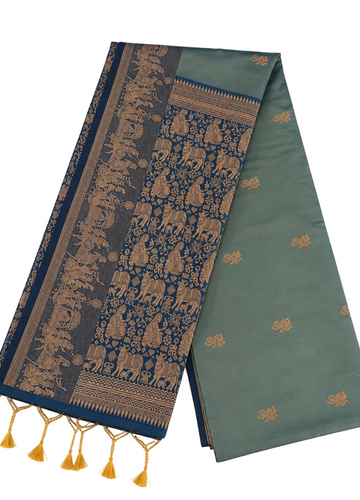 OLIVE GREEN WITH NAVY BLUE KANCHIPURAM SEMI SILK SAREE