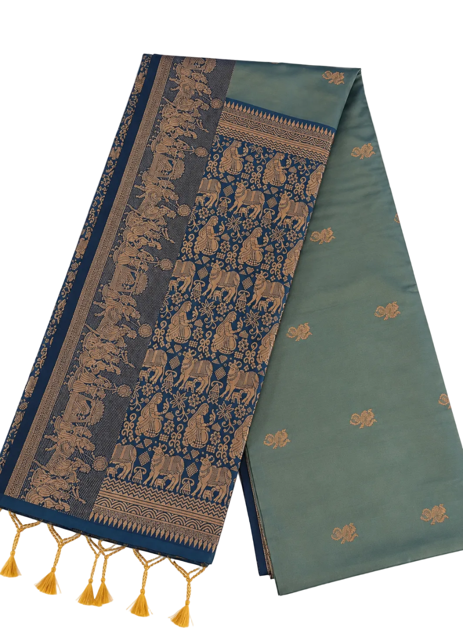 OLIVE GREEN WITH NAVY BLUE KANCHIPURAM SEMI SILK SAREE