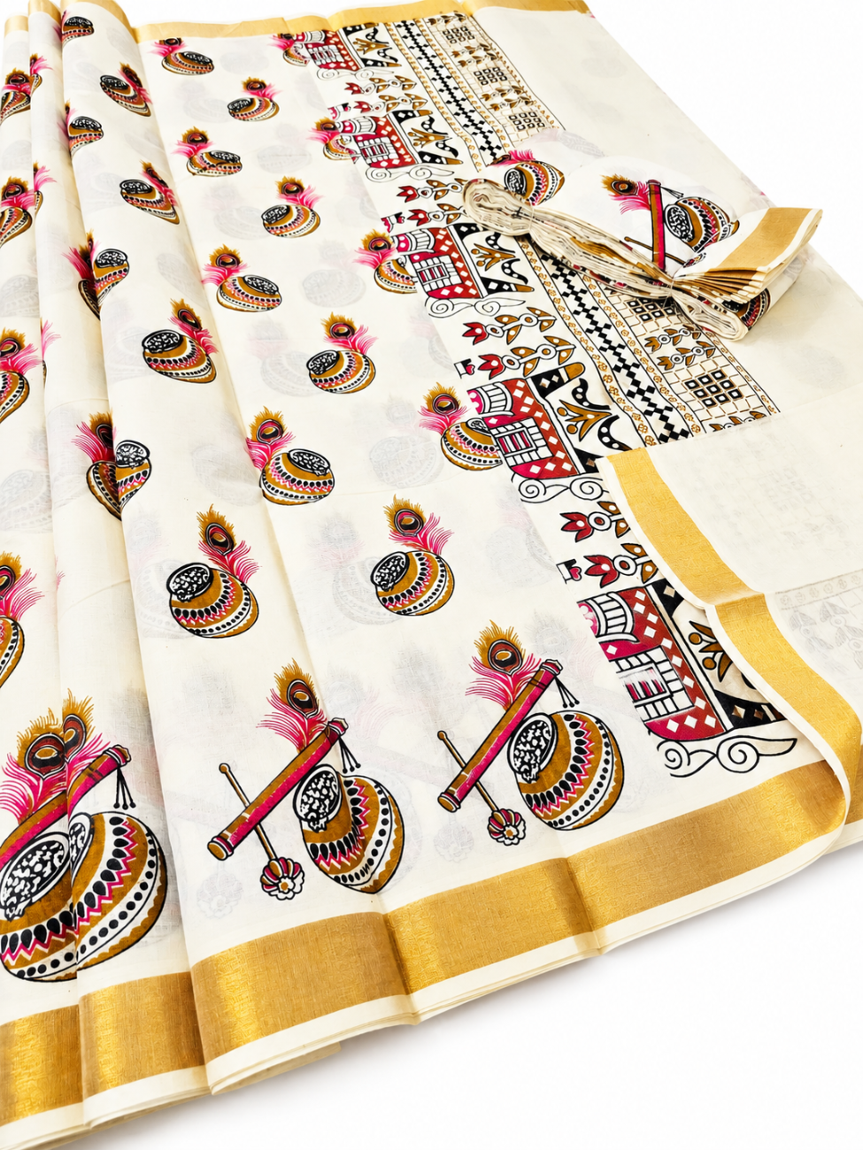 KERALA KASAVU TRADITIONAL MURAL PRINTED COTTON SAREE