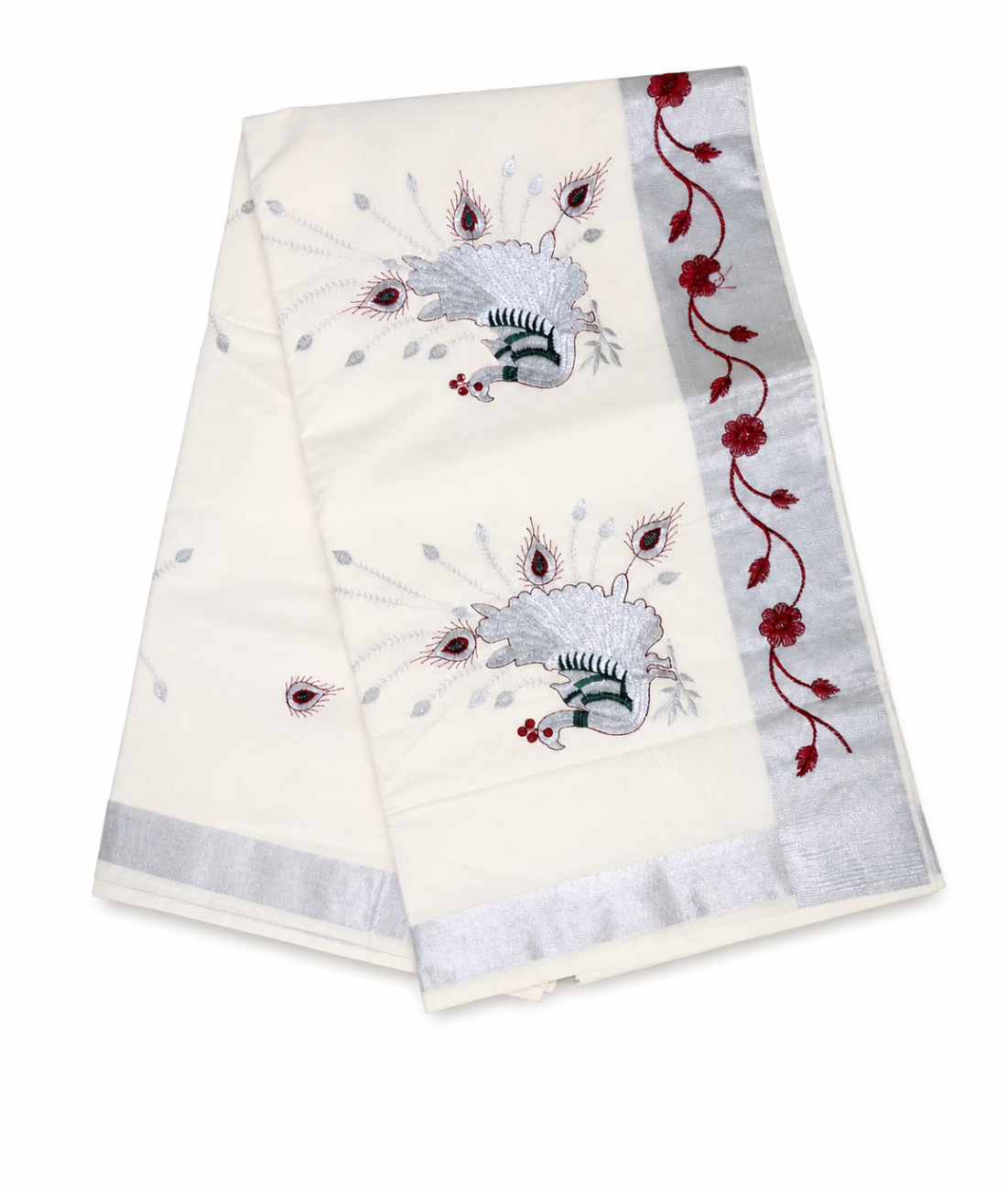 KERALA KASAVU COTTON SAREE WITH SILVER ZARI BORDER