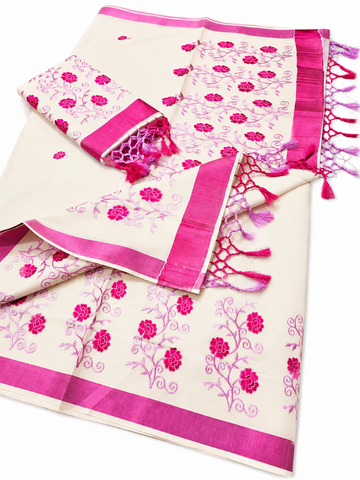 PINK COLOR FLORAL EMBROIDERY WORK KERALA KASAVU COTTON SAREE