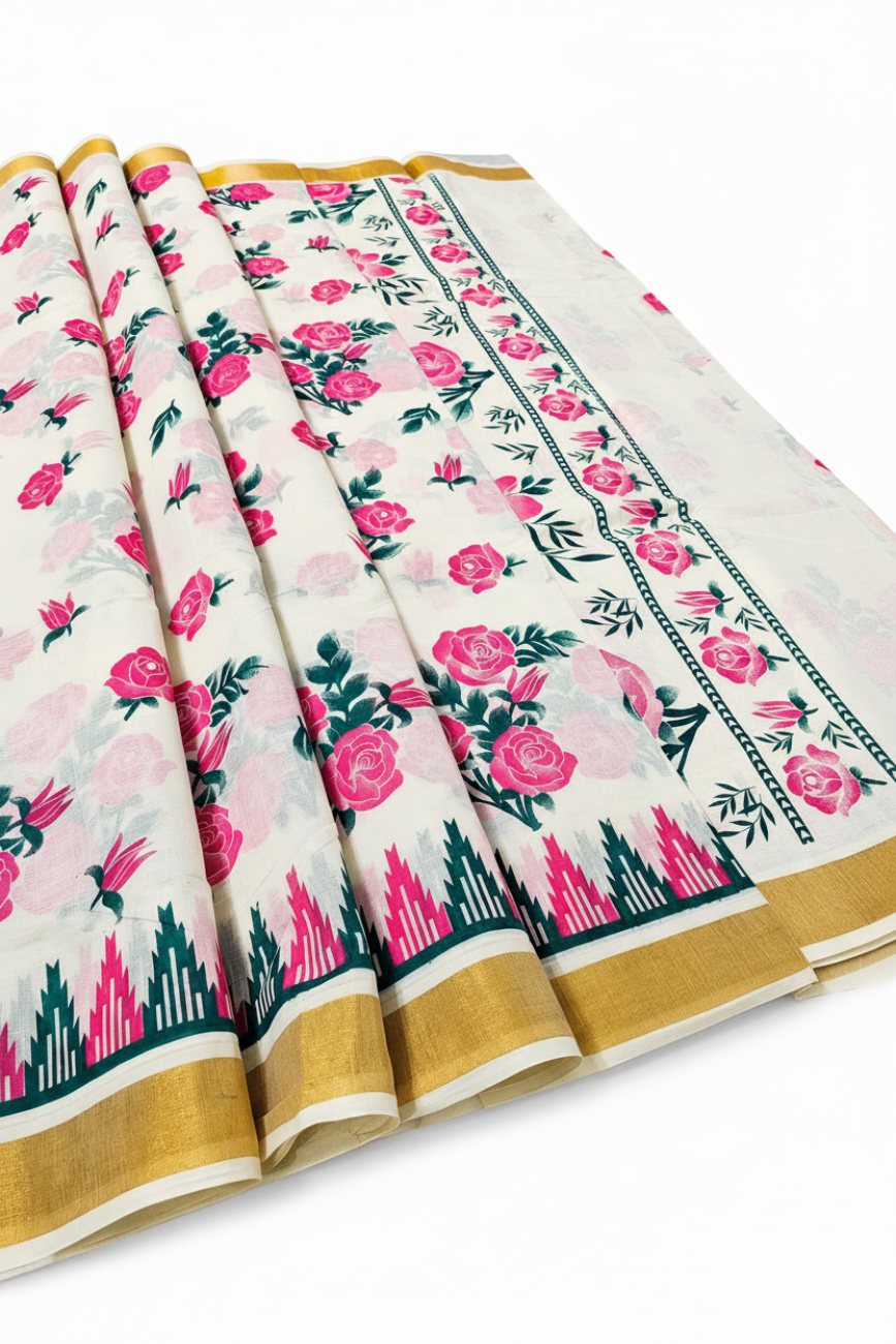 WHITE AND PINK KERALA KASAVU COTTON SAREE