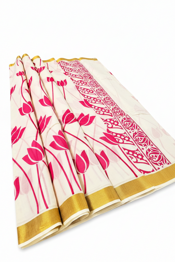 WHITE AND PINK LOTUS PRINT KEARLA KASAVU COTTON SAREE