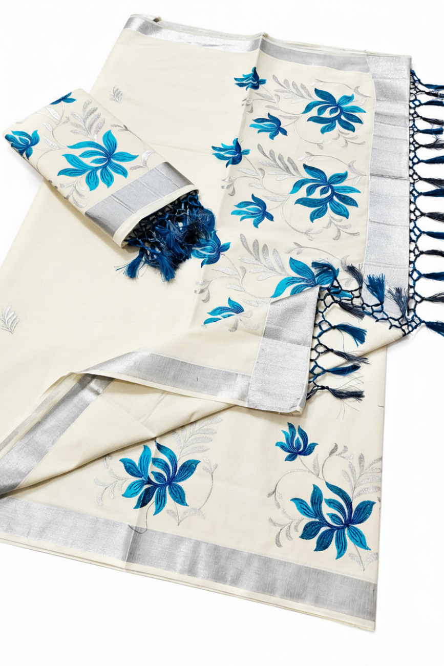 WHITE ABD SKY BLUE FLORAL KERALA KASAVU EMBROIDERY COTTON SAREE