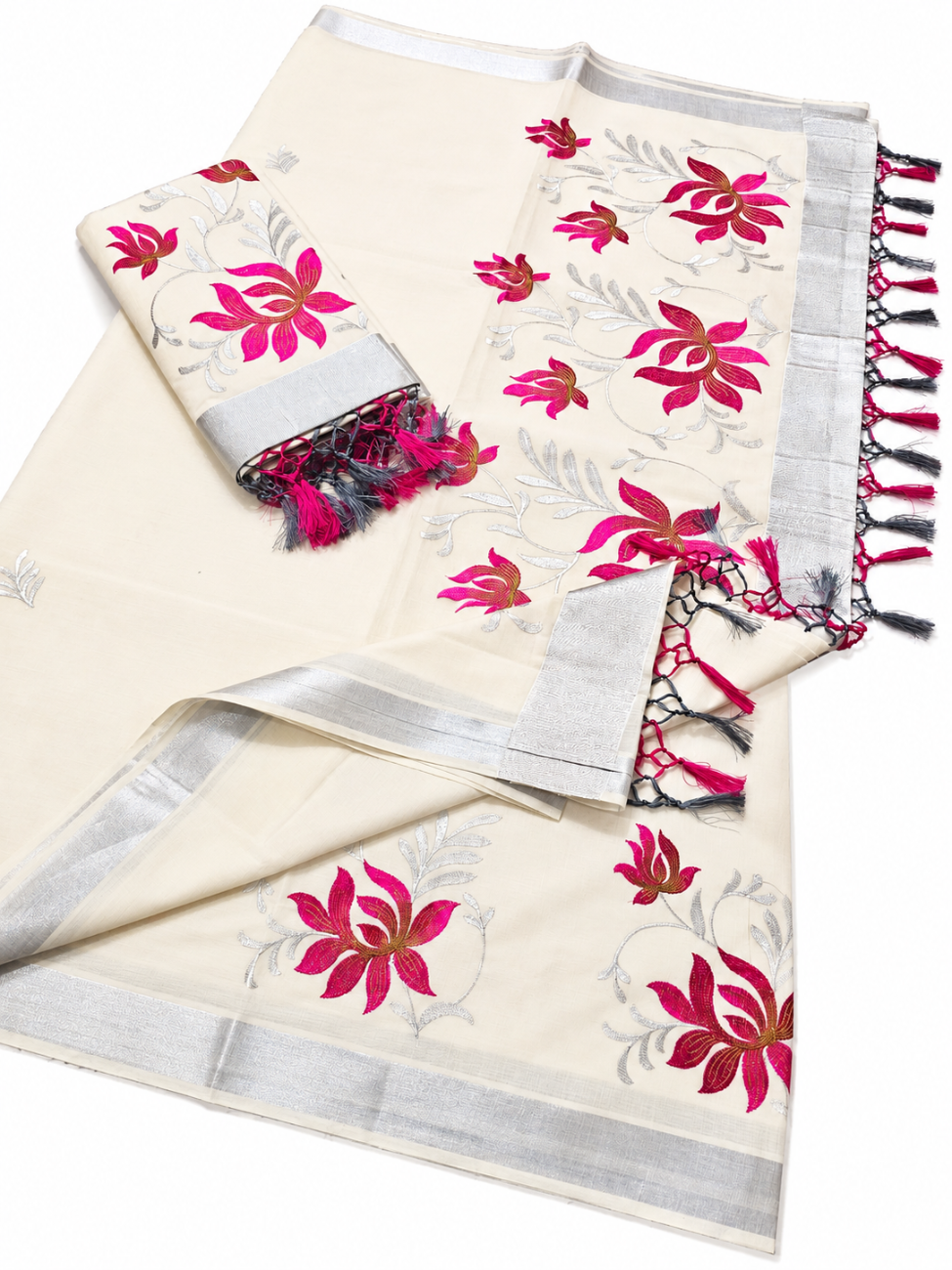 WHITE AND PINK FLORAL KERALA KASAVU EMBROIDERY COTTON SAREE