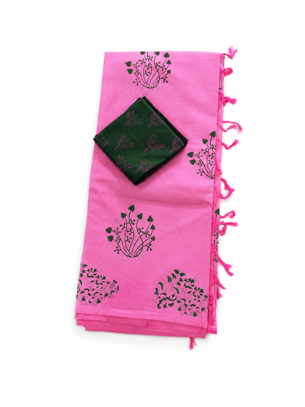 PINK WITH BOTTLE GREEN PRINTED SOUTH COTTON SAREE