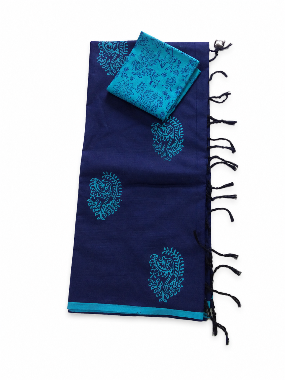 NAVY BLUE WITH TURQUOISE BLUE PRINTED SOUTH COTTON SAREE