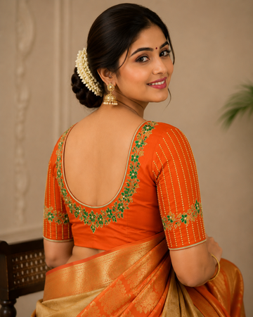 ORANGE COLOR EMBROIDERY COTTON SILK BLOUSE PIECE