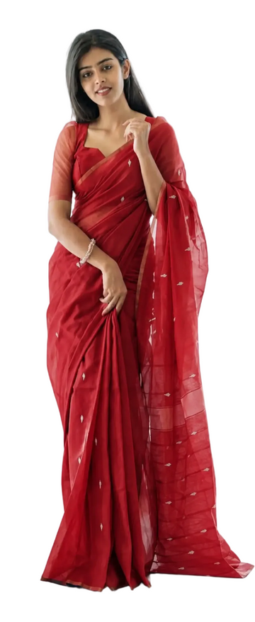 Red color with silver zari work maheswari cotton saree