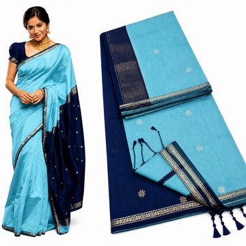 SKY BLUE WITH NAVY BLUE MAHESWARI COTTON SAREE