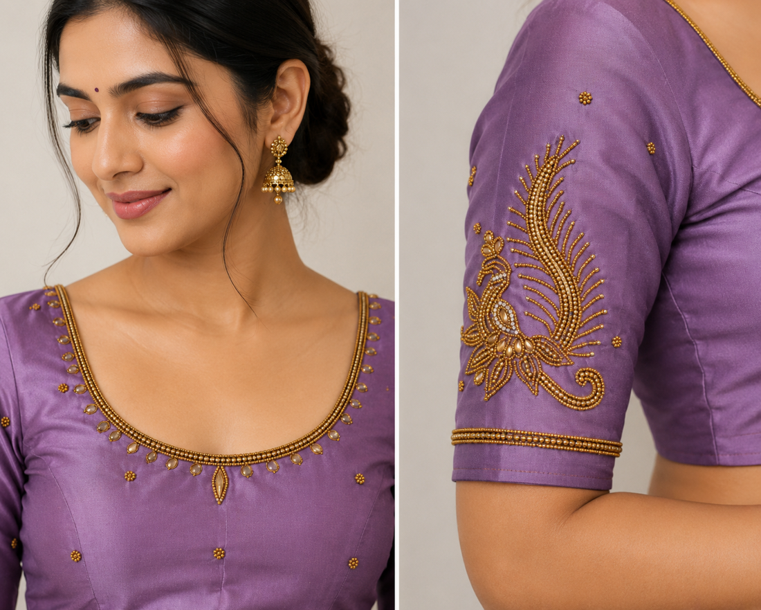 LAVENDER PURPLE COLOUR AARI WORK SILK COTTON BLOUSE