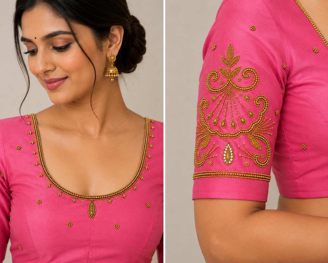 RANI PINK AARI WORK SILK COTTON BLOUSE