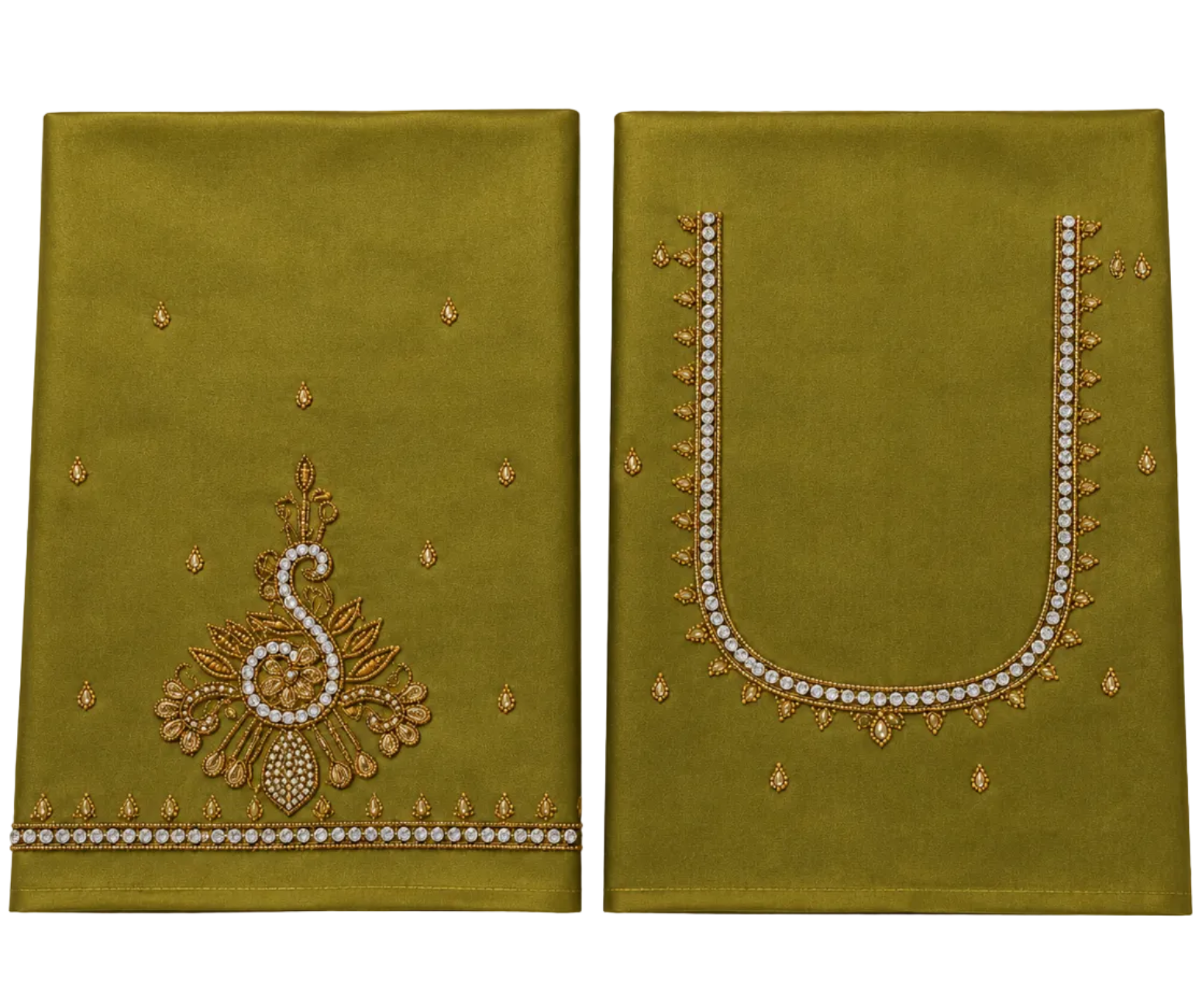 OLIVE GOLD AARI WORK SILK COTTON BLOUSE PIECE