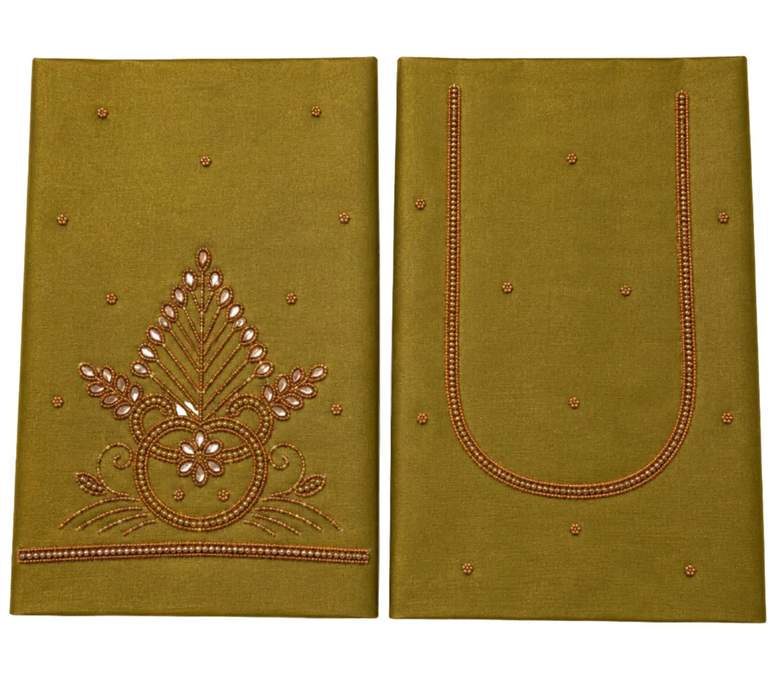 OLIVE GOLD COLOR AARI WORK TISSUE SILK BLOUSE PIECE