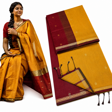 MUSTARD YELLOW WITH MAROON COLOR MAHESWARI PURE COTTON SAREE