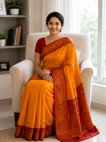 YELLOW WITH RED COLOR BORDER MAYOORI PURE COTTON SAREE