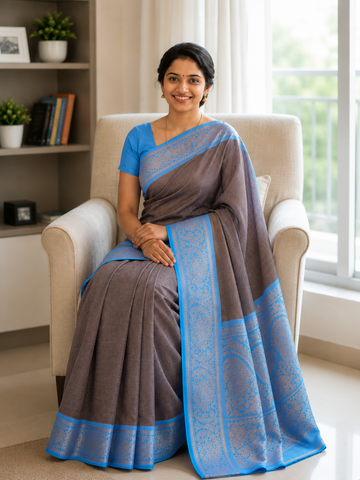 ASH BROWN WITH SKY BLUE COLOR MAYOORI COTTON SAREE