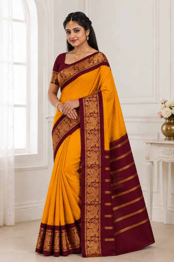 YELLOW WITH MAROON COPOR SUNGUDI PURE COTTON SAREE