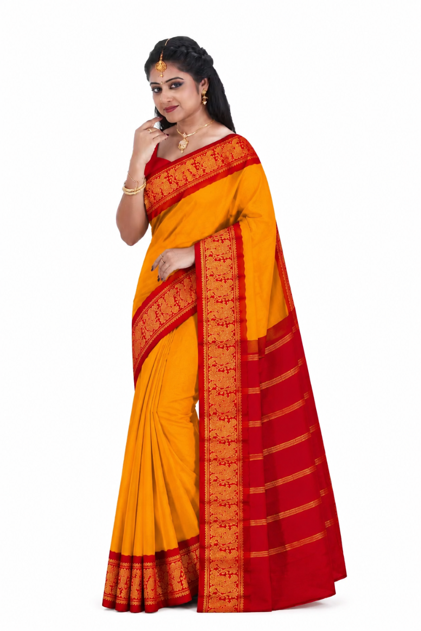 YELLOW WITH RED COLOR SUNGUDI PURE COTTON SAREE