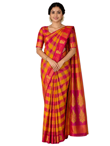 DEEP PINK AND MUSTARD YELLOW PAALUM PAZHAMUM AARANI SILK SAREE