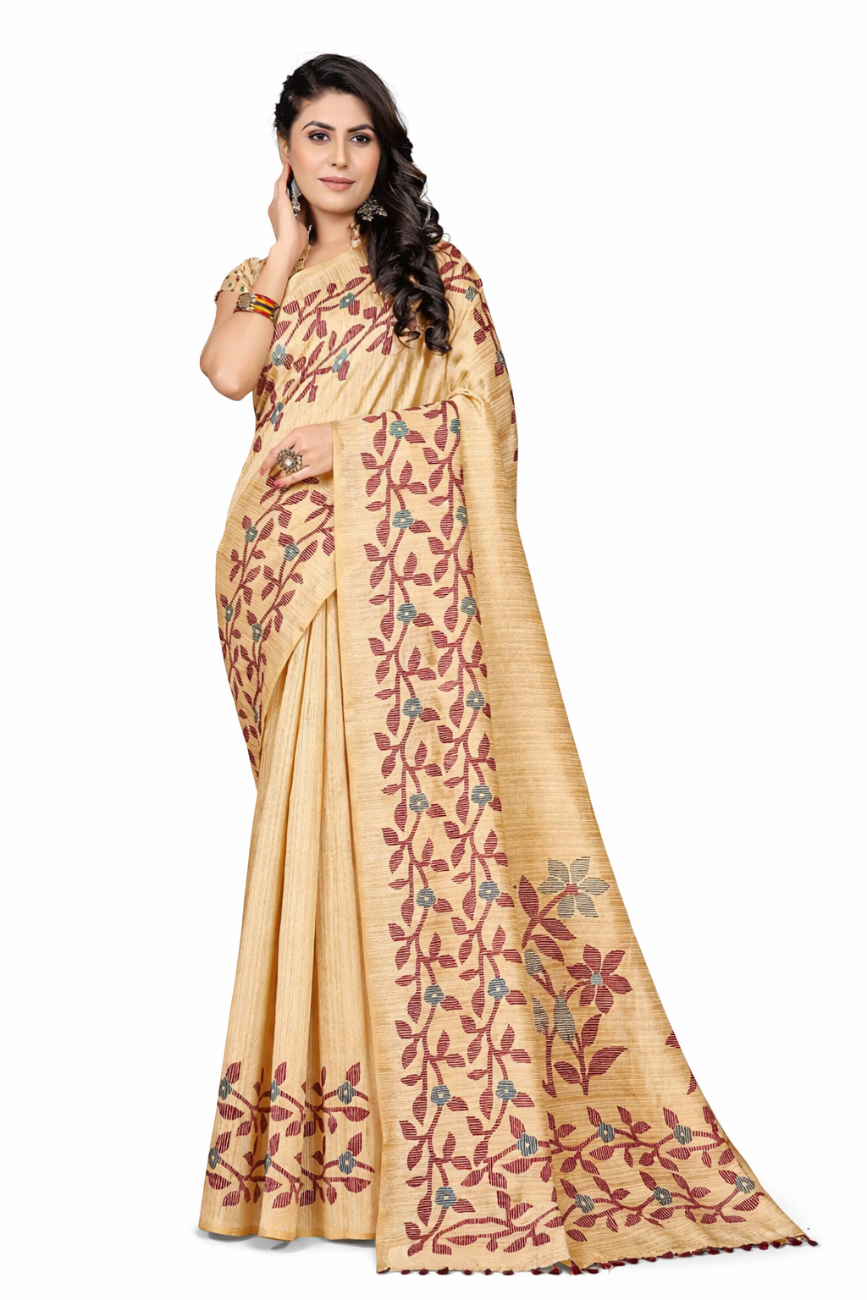 CREAM COLOR JUTE SILK SAREE