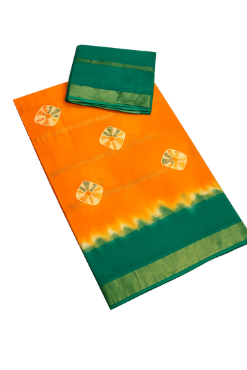 ORANGE WITH GREEN COLOR 10PATTI MIXED COTTON SAREE