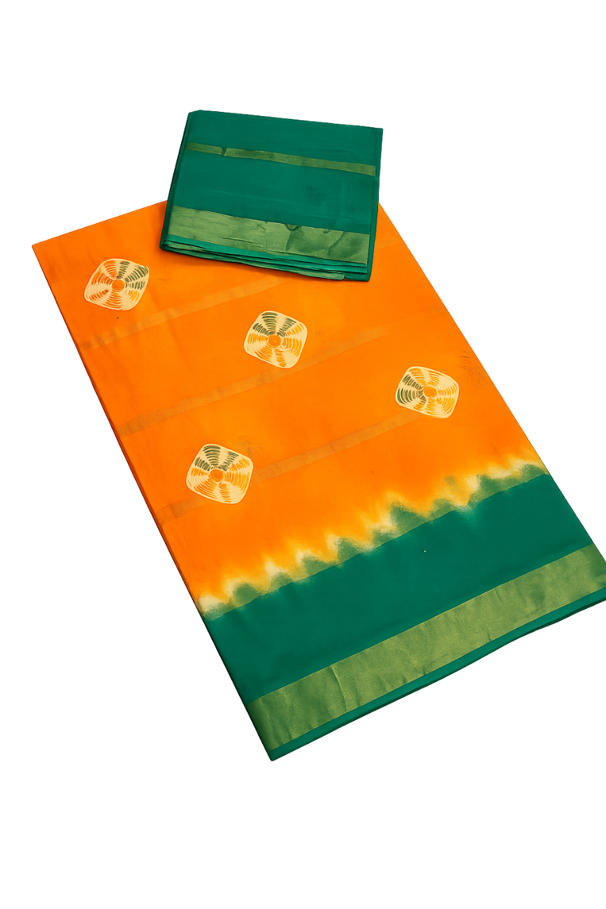 ORANGE WITH GREEN COLOR 10PATTI MIXED COTTON SAREE