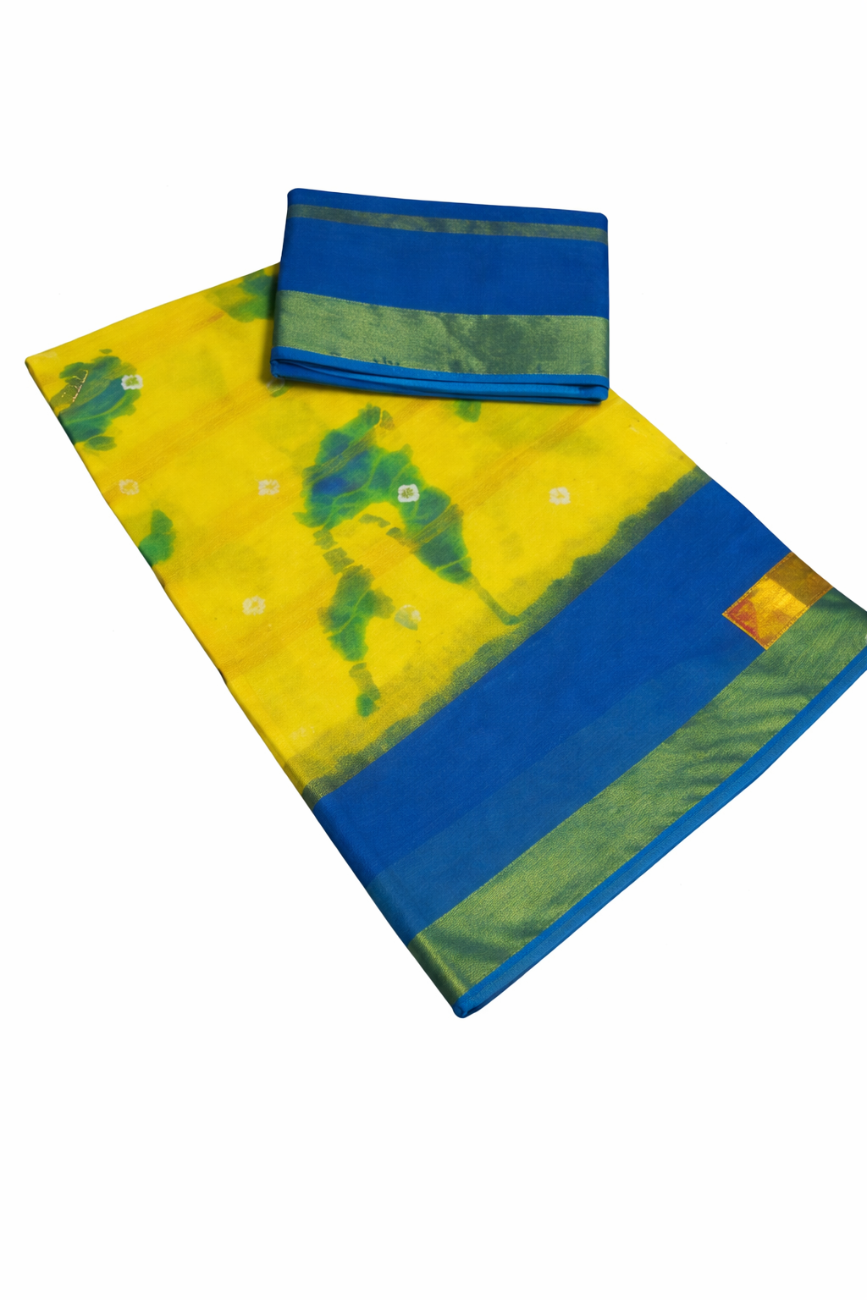 YELLOW WITH SKYBLUE COLOR 10PATTI MIXED COTTON SAREE